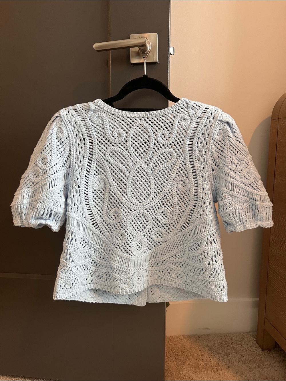 White House Black Market Light Blue Crochet Knit Short Sleeve Top